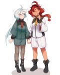  2girls black_footwear black_hairband blush front-seamed_legwear full_body grey_eyes grey_hair gundam gundam_suisei_no_majo hairband height_difference height_envy holding_hands long_hair looking_at_another milktea_(gggrrr2000) miorine_rembran multiple_girls pantyhose_under_shorts red_hair school_uniform seamed_legwear suletta_mercury tiptoes white_background 