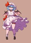  1girl bat_wings blue_hair brown_background closed_mouth enajii fang full_body hat hat_ribbon highres looking_at_viewer mob_cap red_eyes red_ribbon remilia_scarlet ribbon shirt short_hair short_sleeves simple_background skirt smile socks solo thigh_strap thighs touhou white_headwear white_shirt white_skirt white_socks wings 