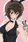  +_+ 2girls :d animal_ears black_bow black_bowtie black_leotard black_pantyhose blush blush_stickers bow bowtie breasts cleavage closed_mouth collar commentary detached_collar fake_animal_ears fake_tail fishnet_pantyhose fishnets frown girls_und_panzer grey_hair hand_on_hip highres itsumi_erika leaning_to_the_side leotard looking_at_another looking_at_viewer medium_breasts medium_hair multiple_girls nishizumi_shiho outline own_hands_together pantyhose peeking_out pink_background playboy_bunny rabbit_ears rabbit_tail simple_background sleeveless smile strapless strapless_leotard tail wakku_kan white_background white_collar white_outline wrist_cuffs 
