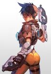  1girl ass bangs bodysuit bomber_jacket breasts brown_eyes brown_hair chest_harness cowboy_shot dual_wielding from_behind goggles gun harness holding hungry_clicker jacket looking_at_viewer medium_breasts orange_bodysuit orange_goggles overwatch overwatch_1 short_hair smile solo spiked_hair standing tracer_(overwatch) weapon 