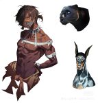  1boy arknights black_panther brown_eyes brown_hair collar commentary_request dabaijiang_memeda dark_skin dog head_tilt highres male_focus muscular ponytail short_hair spiked_collar spikes thorns_(arknights) topless_male upper_body 