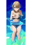  1girl absurdres bangs bare_arms bare_legs bikini black_bikini blonde_hair border breasts chiisamekai cleavage closed_mouth collarbone green_eyes hair_between_eyes highres long_hair looking_at_viewer new_game! pillarboxed shiny shiny_hair sitting small_breasts solo straight_hair swimsuit water white_border yagami_kou 