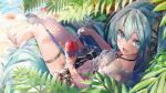  1girl :d aqua_eyes aqua_hair aqua_nails bangs barefoot bikini black_bikini blush breasts commentary crop_top daidou_(demitasse) day food from_side grey_shirt halterneck hatsune_miku highres holding holding_weapon ice_cream_spoon innertube long_hair looking_at_viewer looking_to_the_side lying nail_polish navel on_back open_mouth outdoors revision see-through shallow_water shaved_ice shirt short_sleeves small_breasts smile solo spoon sunlight swimsuit thigh_strap toenail_polish toenails twintails very_long_hair vocaloid water weapon wet wet_clothes wet_shirt 