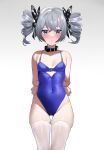  1girl arms_behind_back bare_shoulders blue_one-piece_swimsuit blush breasts bronya_zaychik collar collarbone competition_swimsuit covered_navel drill_hair ginklaga grey_eyes grey_hair hair_between_eyes highres honkai_(series) honkai_impact_3rd looking_at_viewer medium_hair one-piece_swimsuit school_swimsuit simple_background skindentation small_breasts solo swimsuit thighhighs twin_drills white_background white_thighhighs 