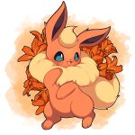  absurdres blue_eyes commentary english_commentary flareon floral_background full_body highres looking_at_viewer no_humans open_mouth pokemon pokemon_(creature) red_fur sevi_(seviyummy) simple_background smile solo symbol-only_commentary tail white_background 