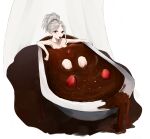  1girl absurdres bath bathtub chocolate food food_in_mouth fruit highres knees_up looking_at_viewer medium_hair mouth_hold original partially_submerged pikuson purple_eyes simple_background solo spilling strawberry white_background white_hair 
