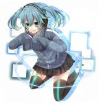  1girl bangs blue_eyes blue_hair digital_dissolve ene_(kagerou_project) facial_mark glowing headphones high_collar izumi_chiro jacket kagerou_project long_sleeves pleated_skirt short_hair skirt sleeves_past_fingers sleeves_past_wrists smile solo thighhighs track_jacket twintails 