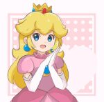  1girl aqua_eyes artist_name blonde_hair blush chocomiru crown dress earrings jewelry long_hair looking_at_viewer mario_(series) non-web_source pink_dress princess_peach smile solo source_request upper_body 