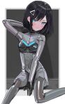  1girl absurdres arm_behind_head black_hair blue_eyes blush bodysuit breasts embarrassed english_commentary hair_ornament hairclip highres latex latex_bodysuit looking_at_viewer original saaal653 shiny shiny_clothes short_hair sitting skin_tight small_breasts solo 