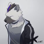  1:1 2022 anthro arknights black_body black_fur black_hair black_nose blue_hair clothing collar ear_piercing eyebrow_piercing facial_piercing fur grey_body grey_fur hair half-closed_eyes hi_res hyaenid hypergryph jacket male mammal multicolored_hair narrowed_eyes oimo_osato_(artist) piercing simple_background solo spot_(arknights) spotted_hyena studio_montagne topwear two_tone_hair video_games 