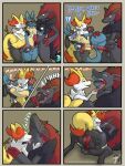  2022 3:4 animal_genitalia animal_penis anthro arkailart balls braixen canid canine canine_penis comic digital_media_(artwork) distracted english_text erection generation_4_pokemon generation_5_pokemon generation_6_pokemon genitals group hi_res kissing knot lucario male male/male mammal nintendo patreon penis pokemon pokemon_(species) shaded signature teasing text trio url video_games vore watermark zoroark 