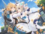  2girls :d absurdres bangs barbara_(genshin_impact) belt black_belt black_gloves blonde_hair blue_eyes blue_sky blush breasts cloud commentary_request day detached_sleeves dress feet_out_of_frame flower genshin_impact gloves hand_up highres holding holding_sword holding_weapon jean_(genshin_impact) large_breasts leggings long_hair long_sleeves multiple_girls open_mouth outdoors pants petals ponytail scabbard sheath sheathed shirt siblings sidelocks sisters sky smile standing strapless strapless_dress strapless_shirt sword thighs v weapon white_dress white_headwear white_pants white_shirt wucanming yellow_flower 