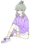  1girl blush brown_socks closed_mouth drawstring full_body hair_bun highres hood hood_down hoodie kusanagi_nene long_hair long_sleeves looking_at_viewer low-tied_long_hair nike pjmiyo project_sekai purple_eyes purple_footwear purple_hoodie shoes shorts simple_background sitting sneakers socks solo updo white_background white_shorts 