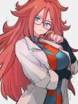  1girl android_21 black-framed_eyewear black_sleeves blue_eyes breasts checkered_clothes checkered_dress dragon_ball dragon_ball_fighterz dress glasses grey_background hair_between_eyes jewelry kemachiku labcoat large_breasts long_hair looking_at_viewer parted_lips red_hair ring simple_background solo 