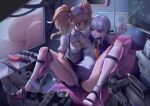  2girls absurdres anal_beads animal_hair_ornament anus arrow_(symbol) ass bangs bear_hair_ornament bed blonde_hair blue_eyes blunt_bangs bound bound_legs braid breast_press breasts cat_o&#039;_nine_tails chinese_commentary chinese_text cleavage cleavage_cutout clothing_cutout collared_shirt cross danganronpa:_trigger_happy_havoc danganronpa_(series) dildo enoshima_junko gloves h.an_(516635864) hair_ornament hair_ribbon hat heart highres holding holding_pointer hospital hospital_bed indoors jacket kirigiri_kyouko kneehighs large_breasts light_purple_hair long_hair looking_at_another mars_symbol miniskirt monokuma multiple_girls naegi_makoto necktie nurse_cap open_clothes open_jacket open_mouth orange_necktie pleated_skirt pointer purple_eyes purple_jacket purple_ribbon purple_skirt red_cross restrained ribbon sex_toy shirt short_sleeves skirt smile socks sweat symmetrical_docking television tray twintails underboob vaginal venus_symbol whip white_gloves white_headwear white_shirt white_socks yuri zipper zipper_pull_tab 