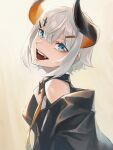  1girl a-er_(akkij0358) bangs bare_shoulders black_coat blue_eyes coat demon_horns from_side hair_ornament hairclip highres horns levi_elipha looking_at_viewer necktie nijisanji open_mouth orange_necktie short_hair solo upper_body virtual_youtuber white_background white_hair x_hair_ornament 