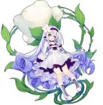  1girl ao_jun ark_order bangs bare_shoulders blue_bra blue_choker blue_eyes blue_hair blue_hairband boots bra choker cotton_boll cross-laced_footwear dress flat_chest flower flower-shaped_pupils flower_choker full_body gradient_hair hair_flower hair_ornament hairband holding holding_plant leaf long_hair long_sleeves looking_at_viewer multicolored_hair official_art pink_flower plant puffy_long_sleeves puffy_sleeves shirt sidelocks solo symbol-shaped_pupils tachi-e thumbelina_(ark_order) transparent_background underwear very_long_hair white_dress white_footwear white_shirt 