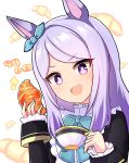  1girl animal_ears black_dress blue_bow bow croissant cup dress ear_bow food highres holding holding_cup holding_food horse_ears horse_girl long_hair long_sleeves mejiro_mcqueen_(umamusume) open_mouth purple_eyes purple_hair simple_background solo teacup umamusume white_background whitelily_bread 