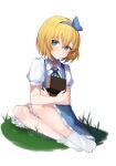  1girl alice_margatroid alice_margatroid_(pc-98) bangs blonde_hair blue_bow blue_bowtie blue_dress blue_eyes blue_hairband blue_ribbon blush book bow bowtie closed_mouth collared_shirt crossed_arms dress english_commentary fingernails frills grass grey_socks hair_between_eyes hairband hands_up highres looking_to_the_side majime_joe no_shoes puffy_short_sleeves puffy_sleeves ribbon shirt short_hair short_sleeves simple_background sitting socks solo touhou touhou_(pc-98) white_background white_shirt 