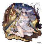  1girl ash_arms bare_tree bat_(animal) black_hair breasts castle cleavage clothes_lift come_hither commander_(ash_arms) copyright dress g8n_renzan_(ash_arms) hat highres large_breasts legs long_hair looking_at_viewer mechanical_wings moon night official_art on_floor outdoors sage_joh skirt skirt_lift smile solo stuffed_toy sun_hat tree turret very_long_hair white_dress white_headwear wings yellow_eyes 