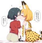  2girls absurdres animal_ears bare_shoulders black_gloves black_hair blonde_hair bow bowtie cat_ears cat_girl cat_tail chis_(js60216) closed_eyes commentary_request elbow_gloves extra_ears from_behind gloves grey_shorts high-waist_skirt highres kaban_(kemono_friends) kemono_friends kiss multiple_girls no_headwear pantyhose print_bow print_bowtie print_gloves print_skirt red_shirt serval_(kemono_friends) serval_print shirt short_hair short_sleeves shorts sitting skirt sleeveless t-shirt tail translation_request white_shirt yuri 