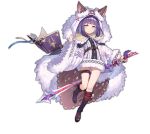  1girl animal_ears ark_order bangs black_cape black_footwear book bookmark boots cape coat ears_through_headwear full_body fur-trimmed_coat fur-trimmed_hood fur_trim holding holding_sword holding_weapon hood hooded_coat lan_ren_hui looking_at_viewer official_art oscar_(ark_order) pom_pom_(clothes) purple_hair short_hair solo sword tachi-e thigh_strap transparent_background weapon white_coat wolf_ears yellow_eyes 