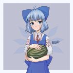  1girl adapted_costume archiraii back_bow blue_background blue_bow blue_dress blue_eyes blue_hair blush bow cirno closed_mouth collared_shirt detached_wings dress english_commentary food frilled_sleeves frills fruit hair_bow head_tilt highres holding holding_food holding_fruit looking_at_viewer neck_ribbon pinafore_dress print_shirt puffy_short_sleeves puffy_sleeves red_ribbon ribbon shirt short_sleeves simple_background solo touhou ukraine vyshyvanka watermelon white_shirt wings 