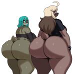  2022 absurd_res anthro big_butt blonde_hair blue_hair bottomless brown_hair butt clothed clothing duo female hair hi_res huge_butt jazzy_(xingscourge) looking_at_viewer looking_back looking_back_at_viewer mammal multicolored_hair nella_(sssonic2) pilosan simple_background sloth smile smiling_at_viewer sssonic2 three-toed_sloth two_tone_hair xenarthran 