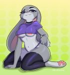  absurd_res anthro clothed clothing disney female half-closed_eyes hi_res judy_hopps lagomorph leporid mammal mr_freckle narrowed_eyes partially_clothed rabbit simple_background smile smiling_at_viewer solo wide_hips zootopia 
