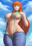  1girl ;) bangs blue_pants blue_sky breasts brown_eyes closed_mouth clothes_lift cloud day denim highres jeans large_breasts lifted_by_self long_hair nami_(one_piece) one_eye_closed one_piece open_fly orange_hair outdoors pants patreon_username shirt shirt_lift sky slingshot_swimsuit smile solo superbusty swimsuit thighs white_shirt 