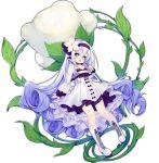  1girl ao_jun ark_order bangs bare_shoulders blue_bow blue_bra blue_choker blue_eyes blue_hair blue_hairband boots bow bow_hairband bra choker cotton_boll cross-laced_footwear dress dress_bow flat_chest flower flower-shaped_pupils flower_choker full_body gradient_hair hair_flower hair_ornament hairband holding holding_plant leaf long_hair long_sleeves looking_at_viewer multicolored_hair official_art pink_flower plant puffy_long_sleeves puffy_sleeves shirt sidelocks solo symbol-shaped_pupils tachi-e thumbelina_(ark_order) transparent_background underwear very_long_hair white_dress white_footwear white_shirt 