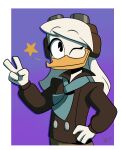  2022 4_fingers alpha_channel anatid anseriform anthro avian beak bird clothed clothing davitt_eleanor della_duck disney duck ducktales ducktales_(2017) eyewear eyewear_on_head female fingers gesture goggles goggles_on_head hair hi_res looking_at_viewer one_eye_closed purple_background simple_background smile solo star v_sign white_body 