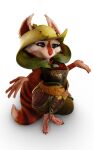  4_fingers anthro armor blue_eyes breasts clothed clothing cowl dota female fingers fur genitals hi_res hood hoodwink_(dota) mammal nipples pose red_body red_fur rodent sciurid sitting smile solo tail_tuft tree_squirrel tuft video_games white_body 