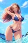  1girl 2boys animification apex_legends bikini blue_bikini breasts brown_eyes brown_hair cleavage cloud dark-skinned_female dark_skin eyeshadow fuse_(apex_legends) gradient_hair green_male_swimwear head_tilt highres leaning_forward loba_(apex_legends) long_hair looking_at_viewer makeup male_swimwear mechanical_legs medium_breasts miya_a multicolored_hair multiple_boys navel ocean octane_(apex_legends) red_eyeshadow red_hair red_male_swimwear sky smile solo_focus swim_trunks swimsuit topless_male water 