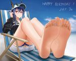  1girl arknights bare_legs barefoot baseball_cap beach beach_chair black_jacket blue_hair blue_sky blush bm_(bm364364) breasts ch&#039;en_(arknights) ch&#039;en_the_holungday_(arknights) cloud cloudy_sky commentary dated day dragon_horns english_commentary eyewear_on_head feet foot_focus full_body hair_between_eyes happy_birthday hat highres horns horns_through_headwear jacket knees_up legs_together long_hair looking_at_viewer medium_breasts miniskirt no_tail official_alternate_costume outdoors parted_lips red_eyes sidelocks sitting skirt sky soles solo sunglasses thigh_strap twitter_username white_headwear white_skirt 