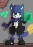  absurd_res aura bandanna belt black_clothing blue_body blue_fur brick_wall canid canine canis clothing darknetic digital_media_(artwork) emerald_(gem) fan_character fur gem goth graffiti green_aura hi_res kagen_the_wolf kerchief male mammal rework ring sega shaded simple_background solo sonic_the_hedgehog_(series) wall_(structure) white_body white_fur wolf yellow_eyes 