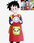  1girl apron bangs black_hair blue_eyes blush collarbone dragon_ball dragon_ball_z highres holding holding_plate housewife looking_at_viewer plate pvponlink_art redrawn self_upload short_hair simple_background smile videl white_background 