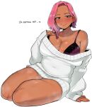  1girl bare_shoulders blush bra breasts brown_eyes cleavage commentary covered_navel dark-skinned_female dark_skin earrings english_text jewelry large_breasts ohasi original pink_(ohasi) pink_hair purple_bra short_hair solo sweat sweater symbol-only_commentary thighs underwear white_sweater 