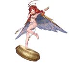  1girl :d ark_order bangs barefoot blue_wings bow bra bracelet fangs feathered_wings full_body garuda_(ark_order) hairband headpiece jewelry lan_ren_hui long_hair looking_at_viewer necklace official_art panties red_eyes red_hair sidelocks smile solo tachi-e transparent_background underwear waist_bow white_bow white_bra white_panties wings yellow_hairband 