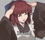  1girl :p ah_eto..._bleh_(meme) apron black_kimono blue_ribbon bow closed_eyes commentary english_commentary grey_background hair_bow hands_on_own_head highres japanese_clothes jonyeld kimono kohaku_(tsukihime) maid_apron meme ribbon solo taiho_shichauzo tongue tongue_out tsukihime upper_body wa_maid white_apron wide_sleeves 