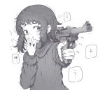  1girl absurdres bangs finger_on_trigger greyscale gun hand_to_own_mouth handgun highres holding holding_gun holding_weapon long_sleeves looking_at_viewer luger_p08 medium_hair monochrome original parted_lips shichisaburo simple_background solo speech_bubble sweat sweater translation_request trembling upper_body weapon white_background 