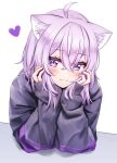  1girl ahoge animal_ear_fluff animal_ears arms_up bangs black_hoodie blush cat_ears closed_mouth commentary deadnooodles hair_between_eyes heart highres hololive hood hoodie long_hair long_sleeves looking_at_viewer nekomata_okayu puffy_long_sleeves puffy_sleeves purple_eyes purple_hair revision simple_background sleeves_past_wrists smile solo symbol-only_commentary upper_body virtual_youtuber white_background 