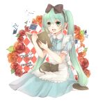  1girl :d alice_(alice_in_wonderland) alice_(alice_in_wonderland)_(cosplay) alice_in_wonderland animal_on_lap apron argyle argyle_background bangs black_cat blue_eyes blue_hair blush book bow card cat cat_on_lap character_name collared_dress cosplay dated dress flower frilled_apron frills hair_bow hair_ribbon hatsune_miku holding holding_book izumi_chiro long_hair on_lap open_mouth playing_card puffy_short_sleeves puffy_sleeves ribbon rose seiza short_sleeves sitting smile solo twintails very_long_hair vocaloid 