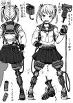  1girl 4shi arrow_(symbol) artist_name belt bullet_in_mouth cable character_name commentary_request finger_on_trigger fingerless_gloves from_behind full_body gloves greyscale gun hair_ribbon harness highres holding katagiri_rin_(4shi) legs_apart long_sleeves looking_at_viewer mechanical_legs monochrome mouth_hold multiple_views open_mouth original parted_hair pleated_skirt pouch prosthesis prosthetic_leg reference_sheet ribbon school_uniform serafuku shell_casing short_hair signature simple_background single_mechanical_leg sketch skirt standing teeth_hold torn_clothes torn_skirt translation_request tsurime turnaround twintails v-shaped_eyebrows weapon 