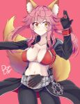  1girl absurdres animal_ear_fluff animal_ears black_gloves blush bra breasts collarbone drogo_doggo fate/grand_order fate_(series) fox_ears fox_girl fox_tail gloves highres kamen_rider kamen_rider_wizard_(series) large_breasts long_hair navel pink_background pink_hair red_bra simple_background smile solo split_ponytail tail tamamo_(fate) tamamo_no_mae_(fate/extra) underwear yellow_eyes 