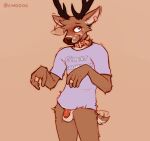  2022 anthro antlers balls band-aid bandage biped blush bottomless bottomless_anthro bottomless_male brown_body brown_fur cervid clothed clothing collar digital_media_(artwork) ear_twitch flaccid foreskin fur genitals horn lawyerdog male mammal panko_(lawyerdog) penis red_penis shirt simple_background small_penis solo tail_motion tailwag tan_background topwear unretracted_foreskin white_balls white_body white_fur 