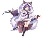 1girl animal_ears ark_order bangs black_cape black_footwear book bookmark boots cape coat ears_through_headwear full_body fur-trimmed_coat fur-trimmed_hood fur_trim holding holding_sword holding_weapon hood hooded_coat lan_ren_hui looking_at_viewer official_art oscar_(ark_order) pom_pom_(clothes) purple_hair short_hair solo sword tachi-e thigh_strap transparent_background weapon white_coat wolf_ears yellow_eyes 