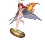  1girl :d ark_order bangs barefoot blue_wings bow bra bracelet fangs feathered_wings fire full_body garuda_(ark_order) hairband headpiece jewelry lan_ren_hui long_hair looking_at_viewer necklace official_art panties red_eyes red_hair sidelocks smile solo tachi-e transparent_background underwear waist_bow white_bow white_bra white_panties wings yellow_hairband 