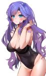  1girl arm_tattoo black_one-piece_swimsuit blue_eyes blush breasts cleavage commentary covered_navel english_commentary highres large_breasts long_hair looking_at_viewer mamavale navel one-piece_swimsuit purple_hair second-party_source simple_background swimsuit tattoo virtual_youtuber vshojo yuniiho 
