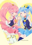  2girls aino_megumi black_thighhighs blue_hair blue_skirt boots brooch cowboy_shot crown cure_lovely cure_princess hair_ornament hair_ribbon happinesscharge_precure! heart_brooch highres jewelry magical_girl mini_crown multiple_girls one_eye_closed open_mouth pink_eyes pink_hair pink_skirt precure puffy_short_sleeves puffy_sleeves ribbon seika_(yuimarutoka0219) shirayuki_hime short_sleeves skirt smile thigh_boots thighhighs twintails twitter_username vest white_footwear wide_ponytail wing_brooch wing_earrings yellow_background 